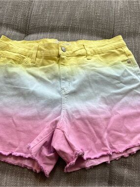 Judy Blue XL Cut Off  Denim Shorts Dip Dye Ombre Yellow Blue Pink Frayed